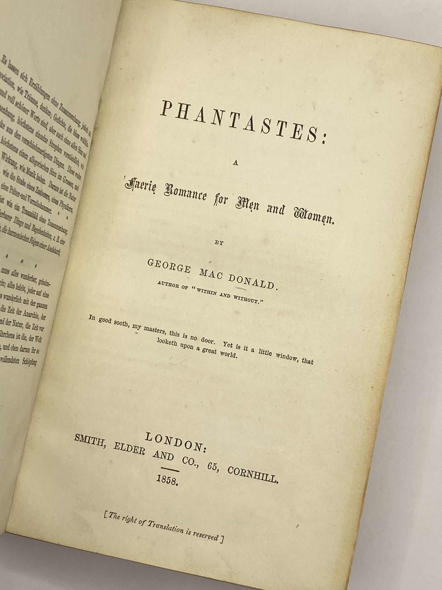 Photograph of Phantastes, title page, 1858